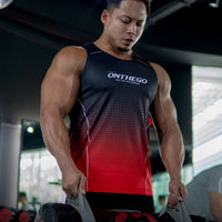 Muscular man in a gym wearing an 'ONTHEGO' tank top, holding weights.